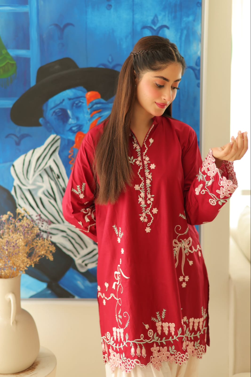 Scarlet Serenity | Premium Embroidered Farshi Shalwar Set