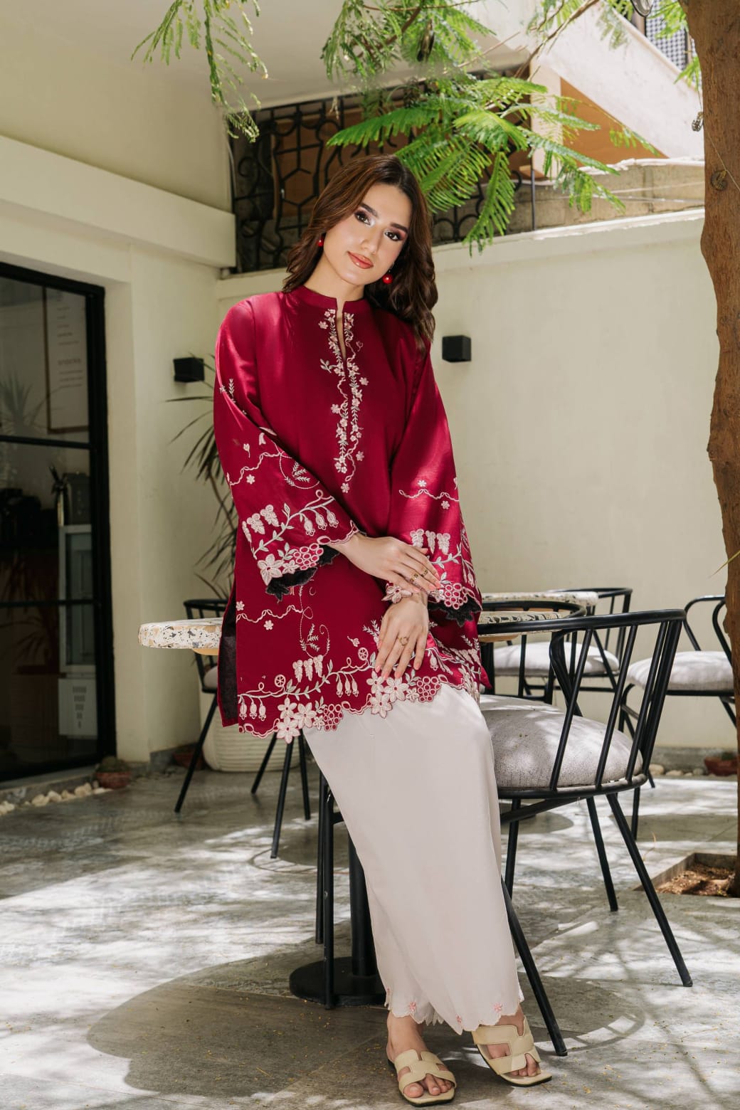 Scarlet Serenity | Premium Embroidered Farshi Shalwar Set