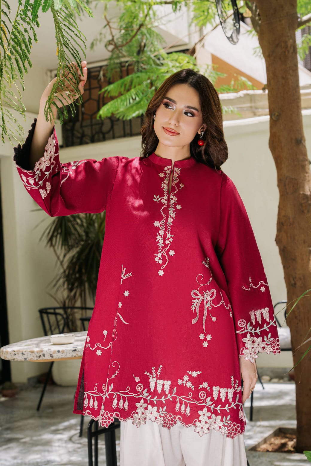 Scarlet Serenity | Premium Embroidered Farshi Shalwar Set