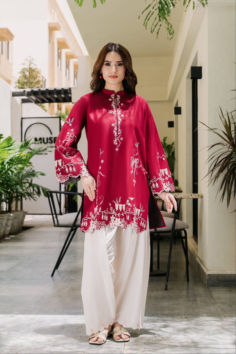 Scarlet Serenity | Premium Embroidered Farshi Shalwar Set