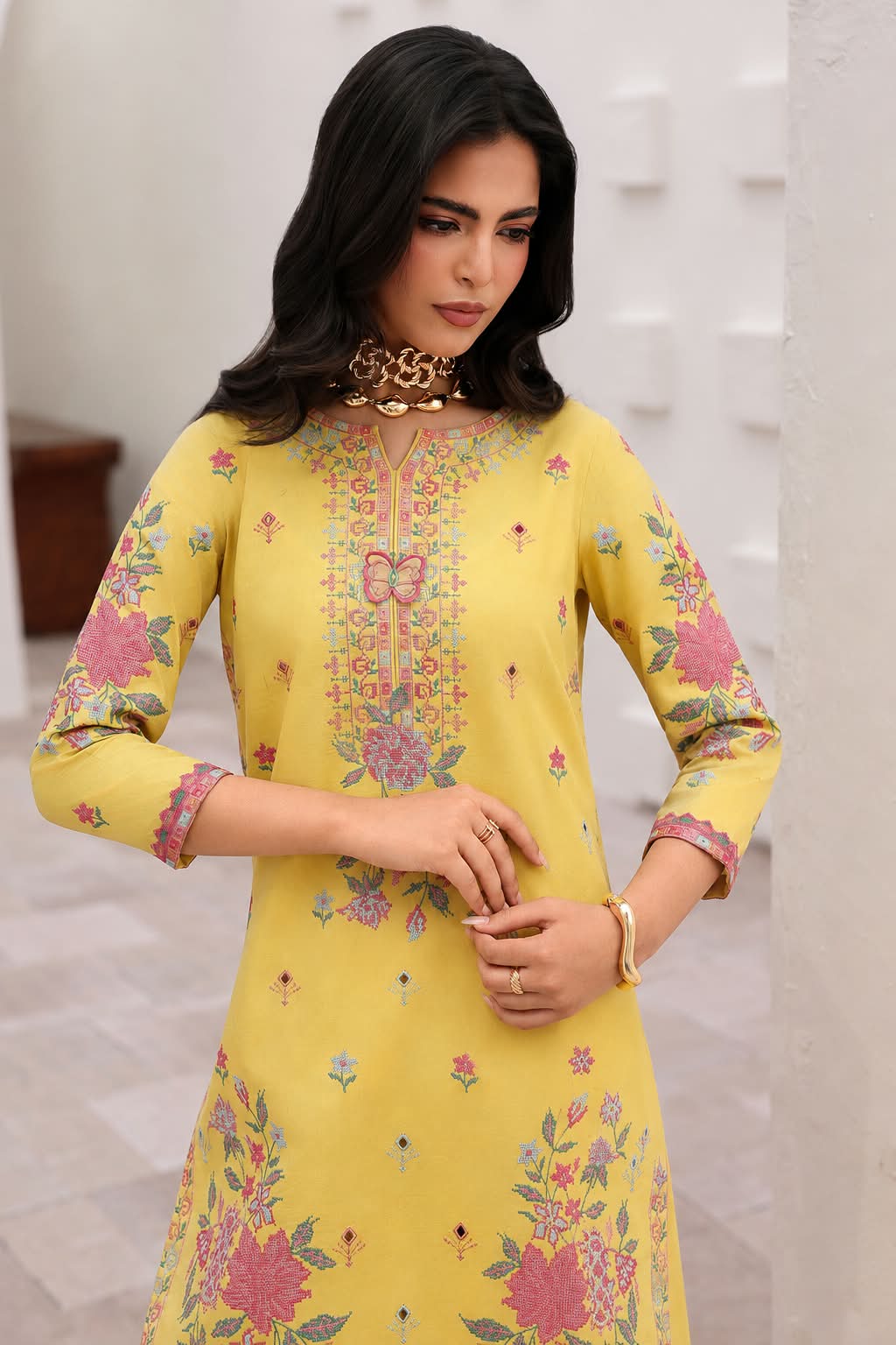 Sunshine Floral Cross-Stitch Embroidered Shirt and Farshi Shalwar