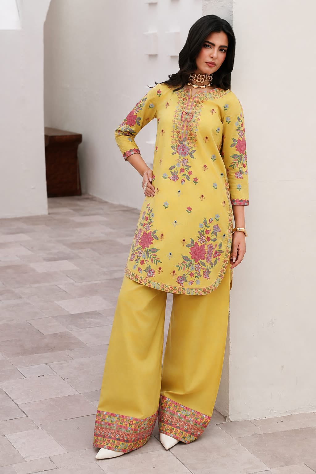 Sunshine Floral Cross-Stitch Embroidered Shirt and Farshi Shalwar