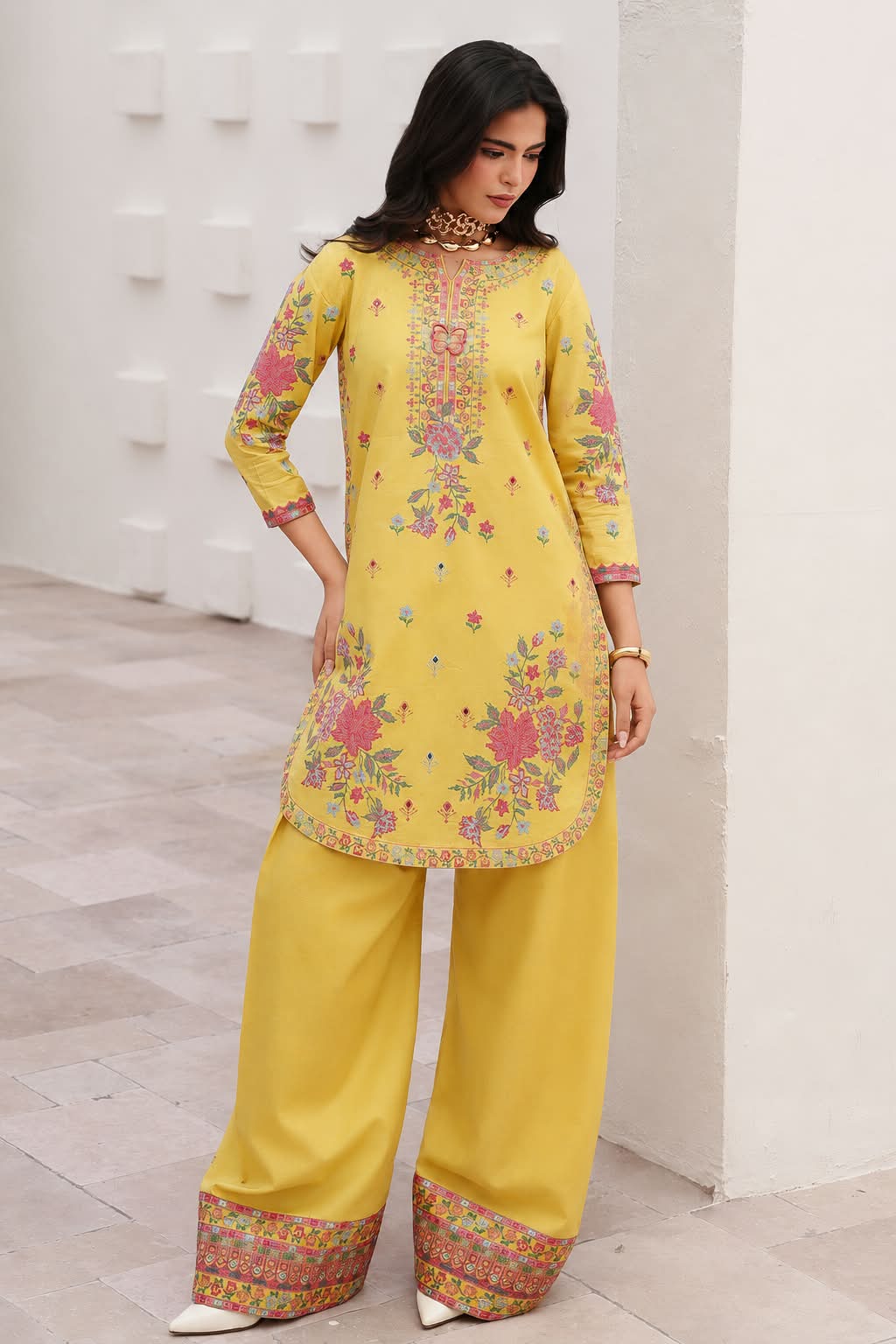 Sunshine Floral Cross-Stitch Embroidered Shirt and Farshi Shalwar