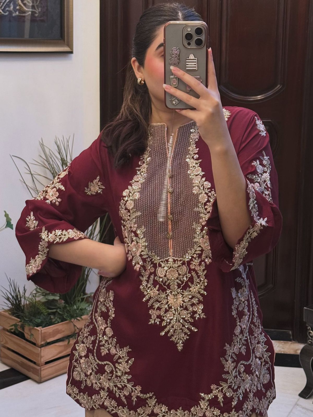 Plum Perfection: Embroidered Tunic & Statement Farshi Set