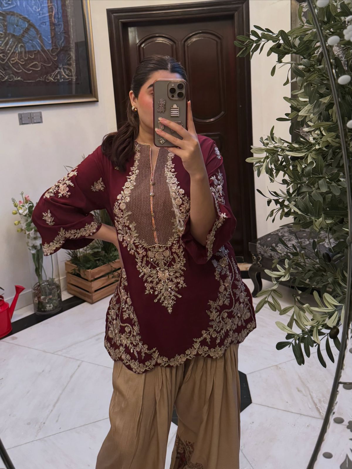 Plum Perfection: Embroidered Tunic & Statement Farshi Set