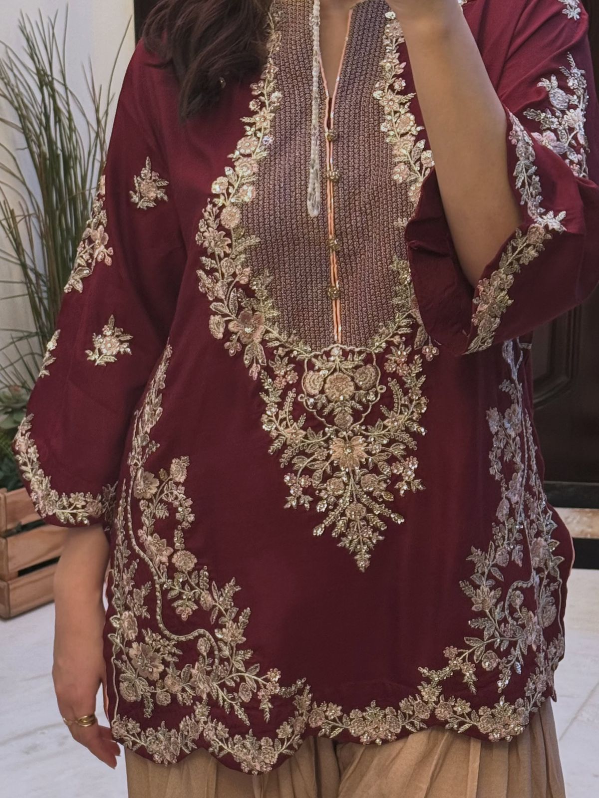 Plum Perfection: Embroidered Tunic & Statement Farshi Set