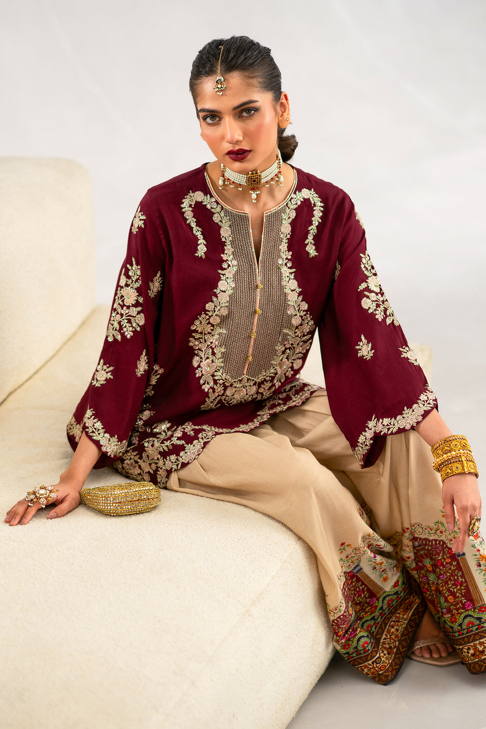 Plum Perfection: Embroidered Tunic & Statement Farshi Set