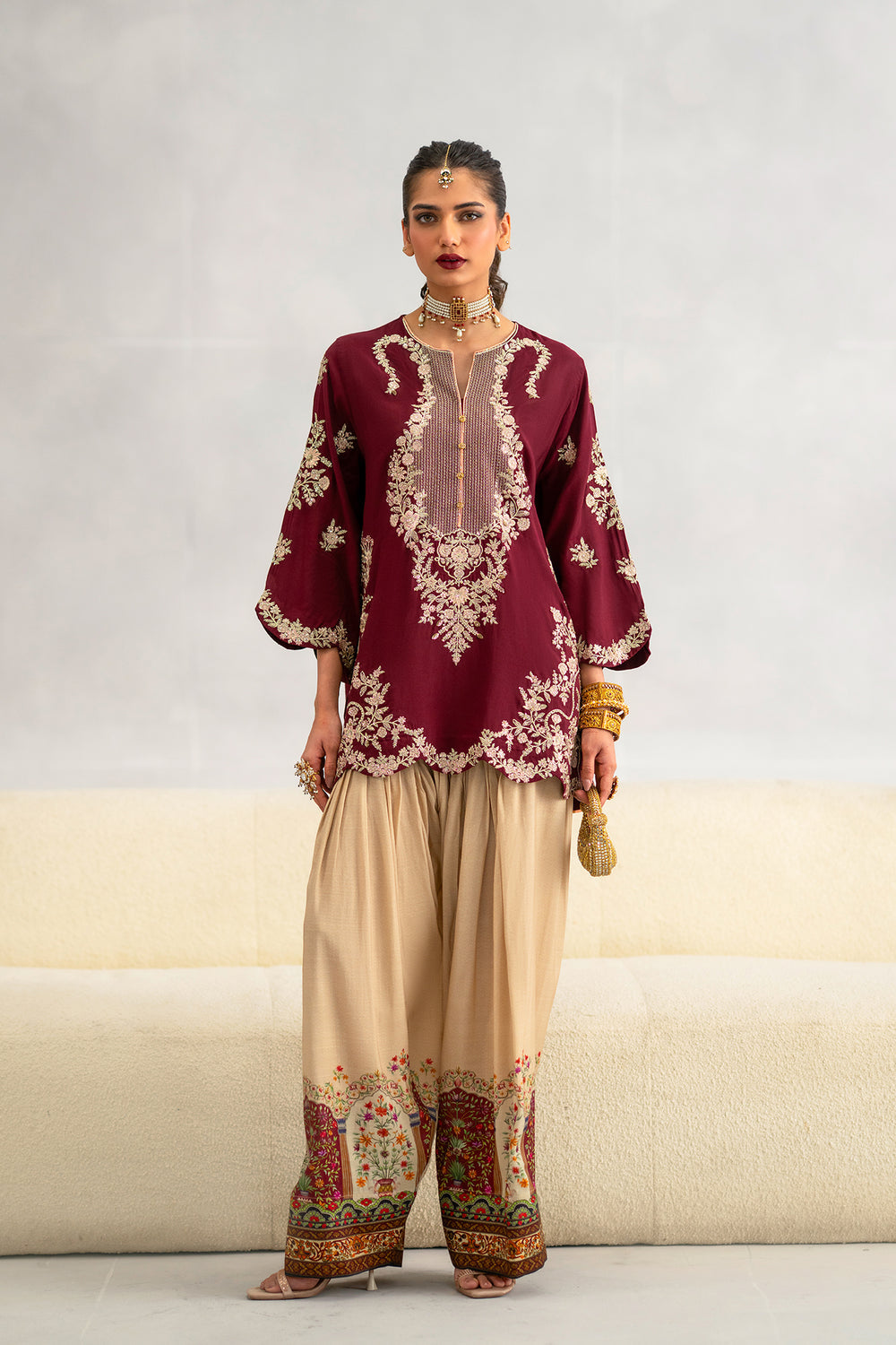 Plum Perfection: Embroidered Tunic & Statement Farshi Set