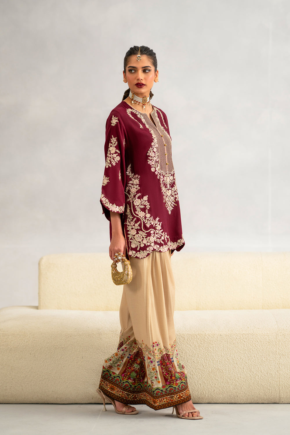 Plum Perfection: Embroidered Tunic & Statement Farshi Set