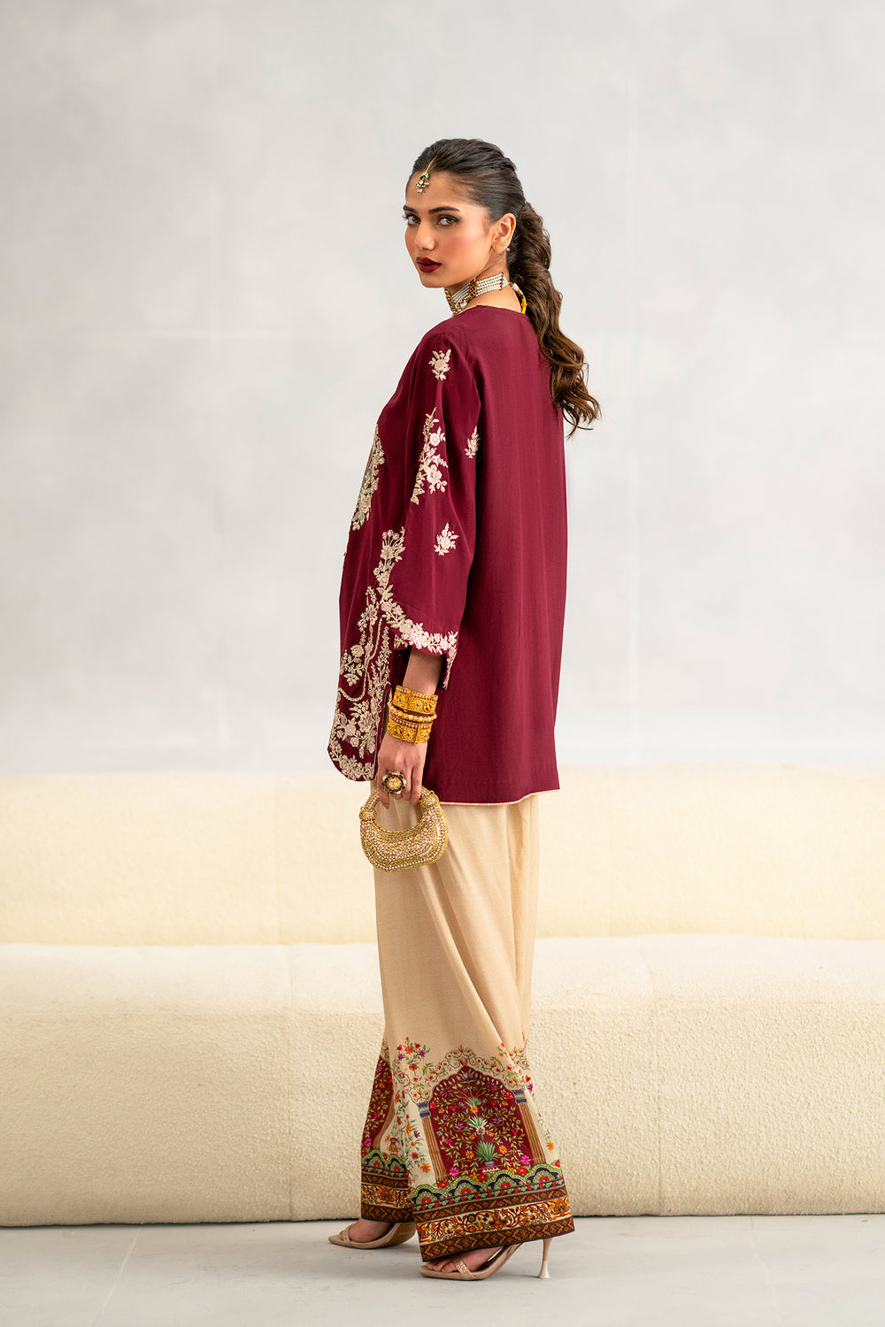 Plum Perfection: Embroidered Tunic & Statement Farshi Set