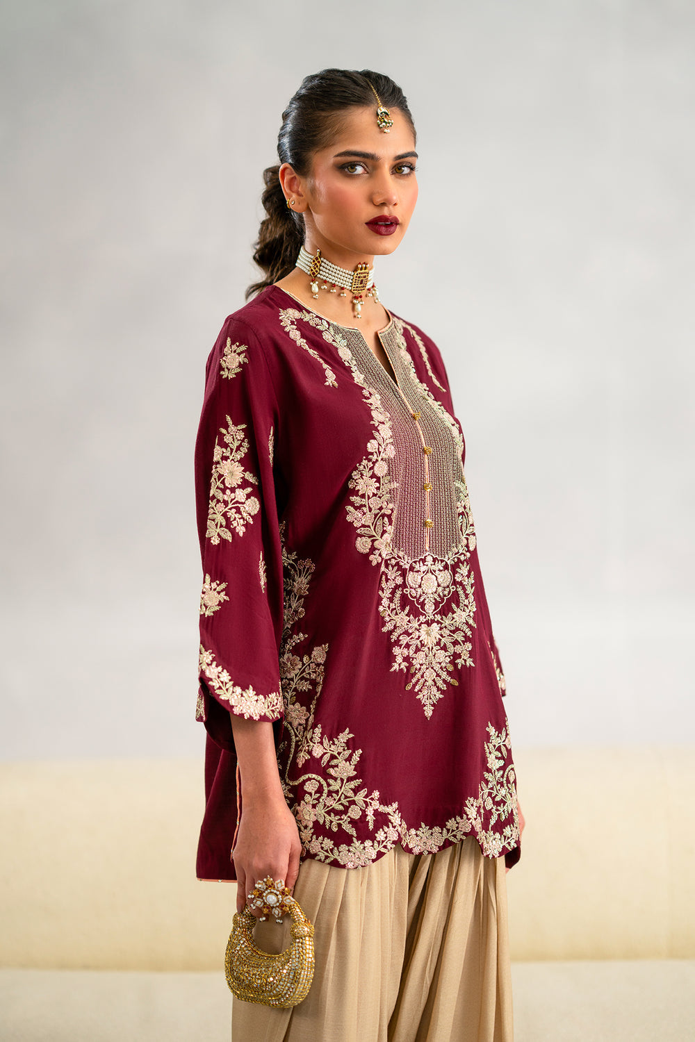 Plum Perfection: Embroidered Tunic & Statement Farshi Set