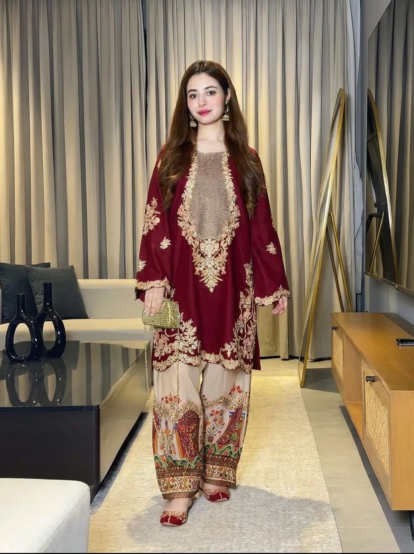 Plum Perfection: Embroidered Tunic & Statement Farshi Set
