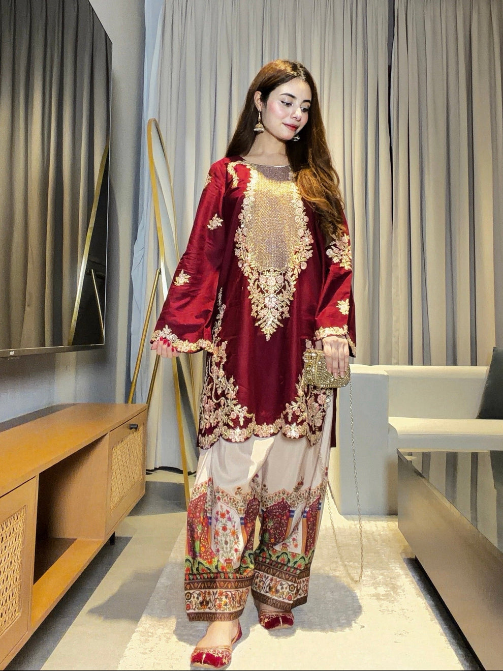 Plum Perfection: Embroidered Tunic & Statement Farshi Set