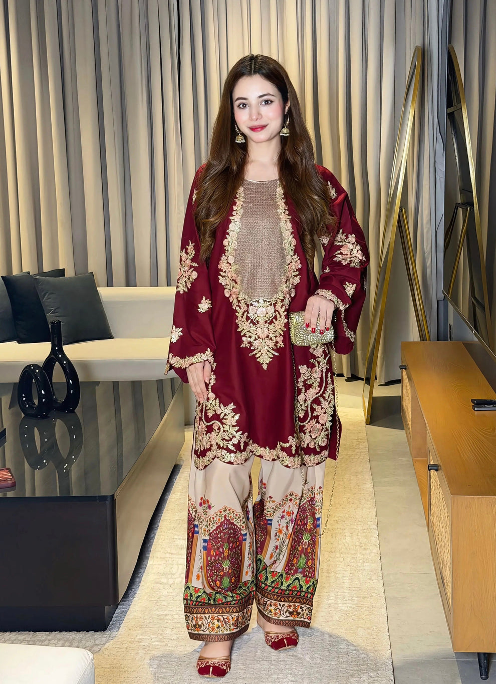 Plum Perfection: Embroidered Tunic & Statement Farshi Set