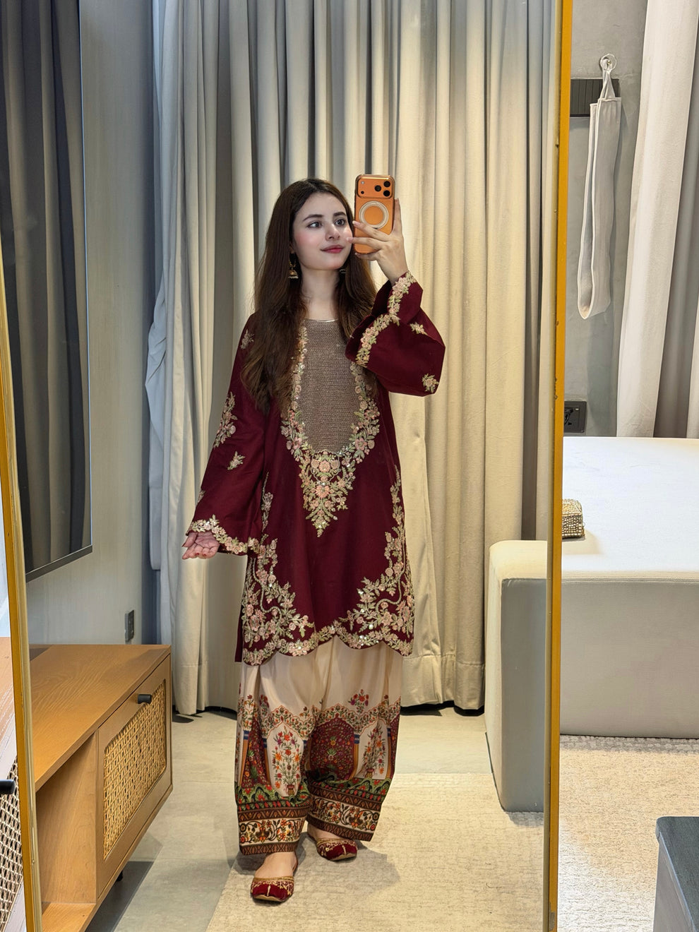 Plum Perfection: Embroidered Tunic & Statement Farshi Set
