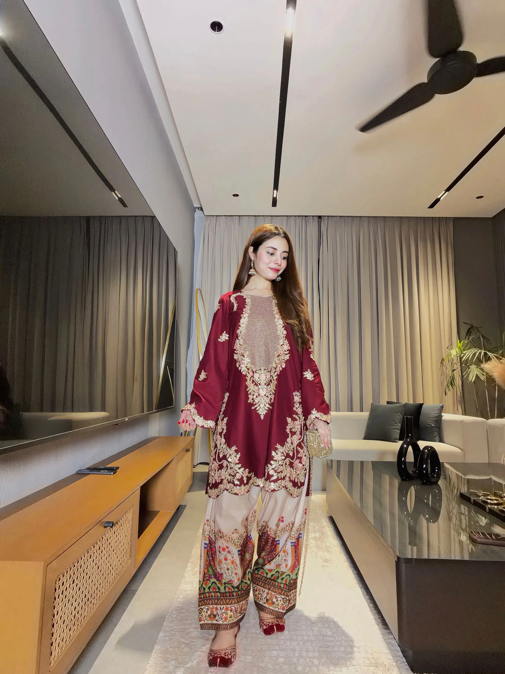 Plum Perfection: Embroidered Tunic & Statement Farshi Set