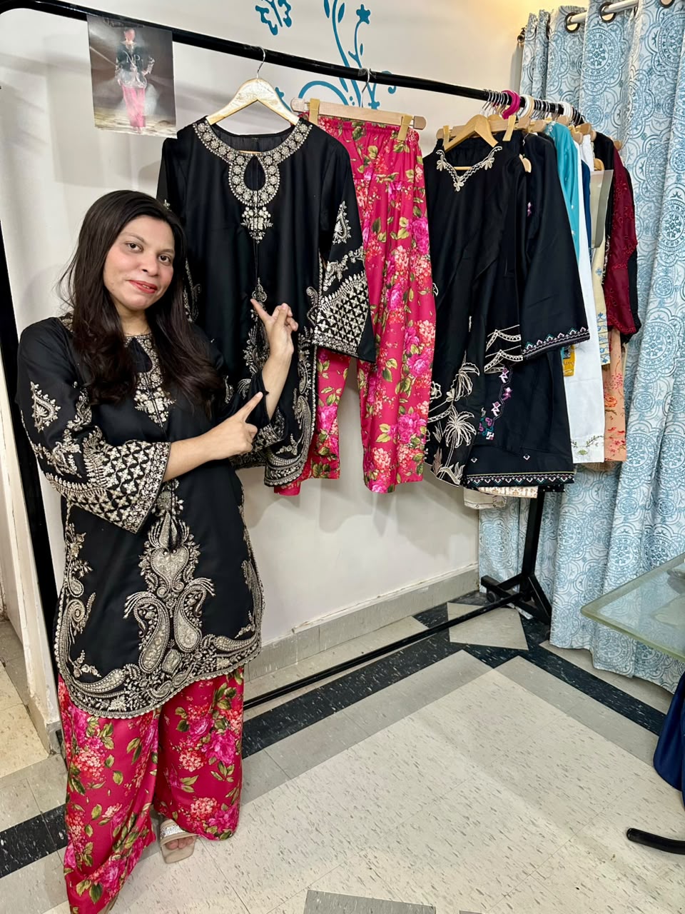 The Regal Black & Fuchsia Embroidered Suit