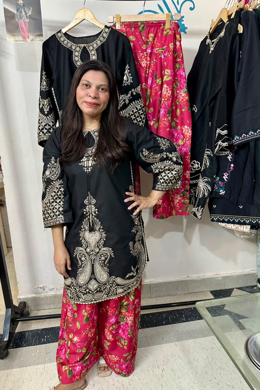 The Regal Black & Fuchsia Embroidered Suit