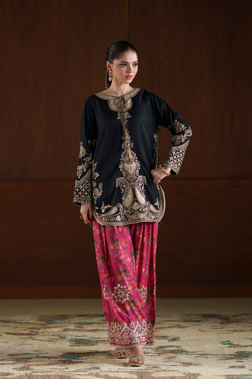 The Regal Black & Fuchsia Embroidered Suit