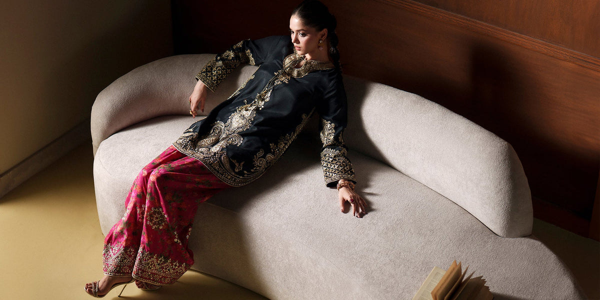 The Regal Black & Fuchsia Embroidered Suit