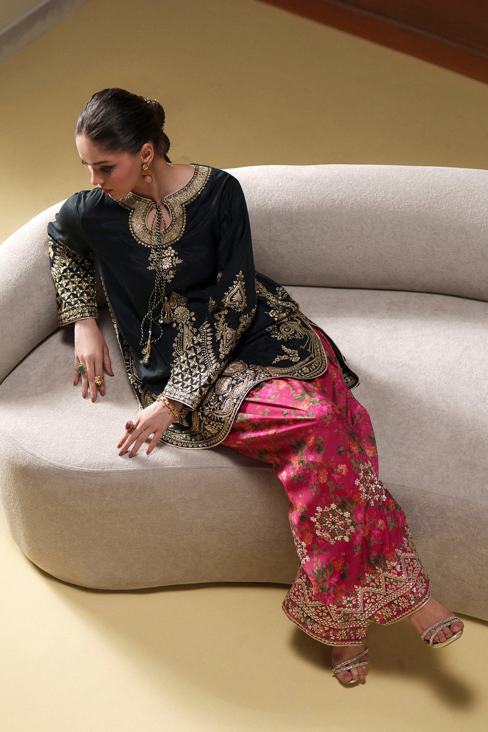 The Regal Black & Fuchsia Embroidered Suit