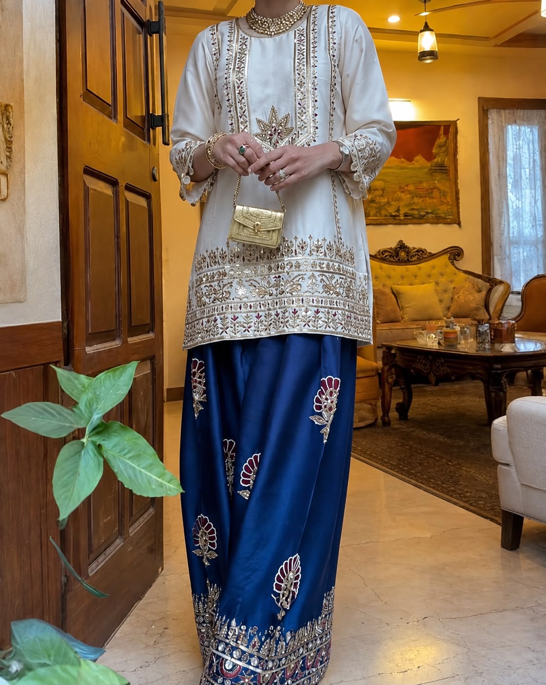 Ivory & Navy Embroidered 2-Piece Co-Ord Set