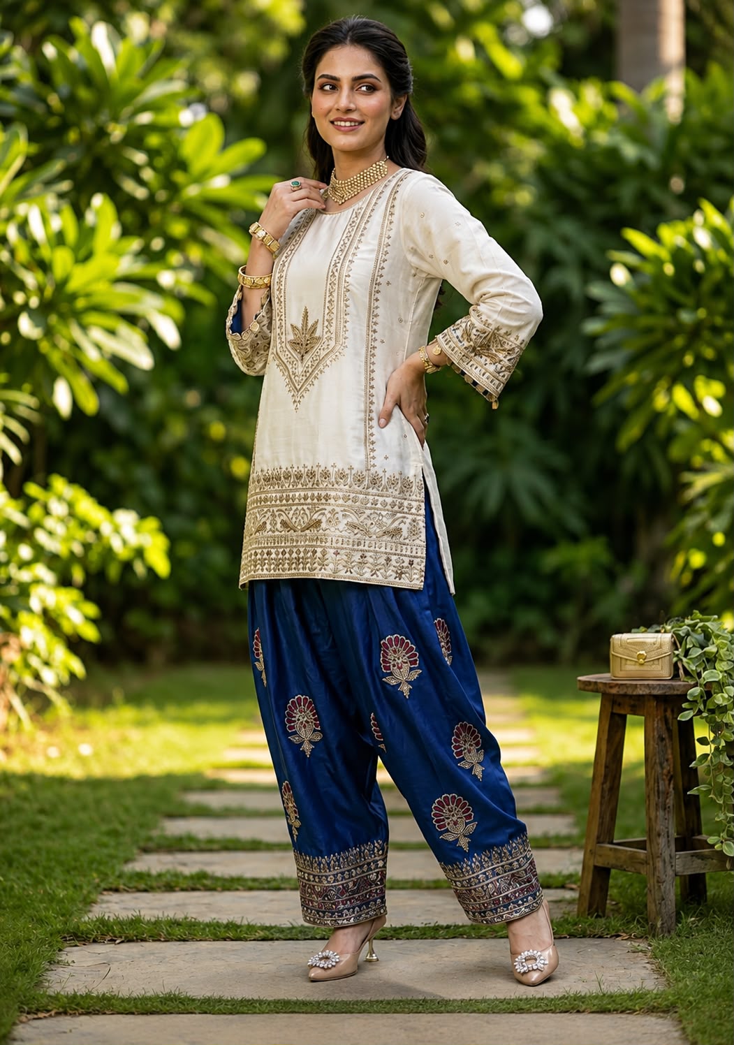 Ivory & Navy Embroidered 2-Piece Co-Ord Set