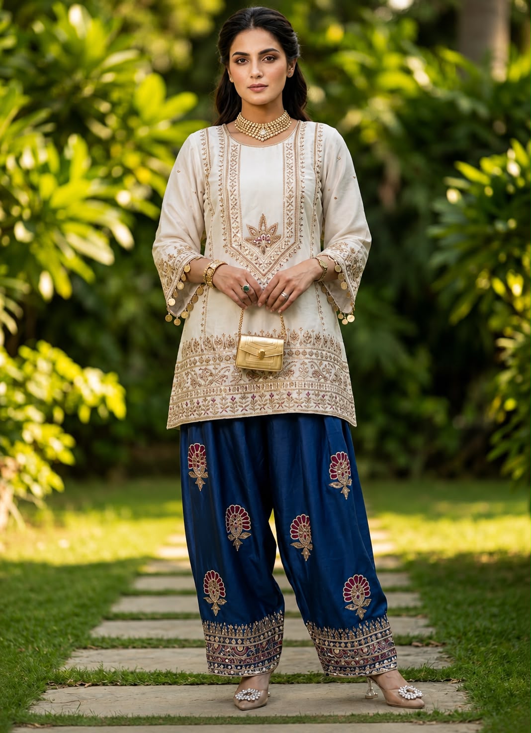 Ivory & Navy Embroidered 2-Piece Co-Ord Set