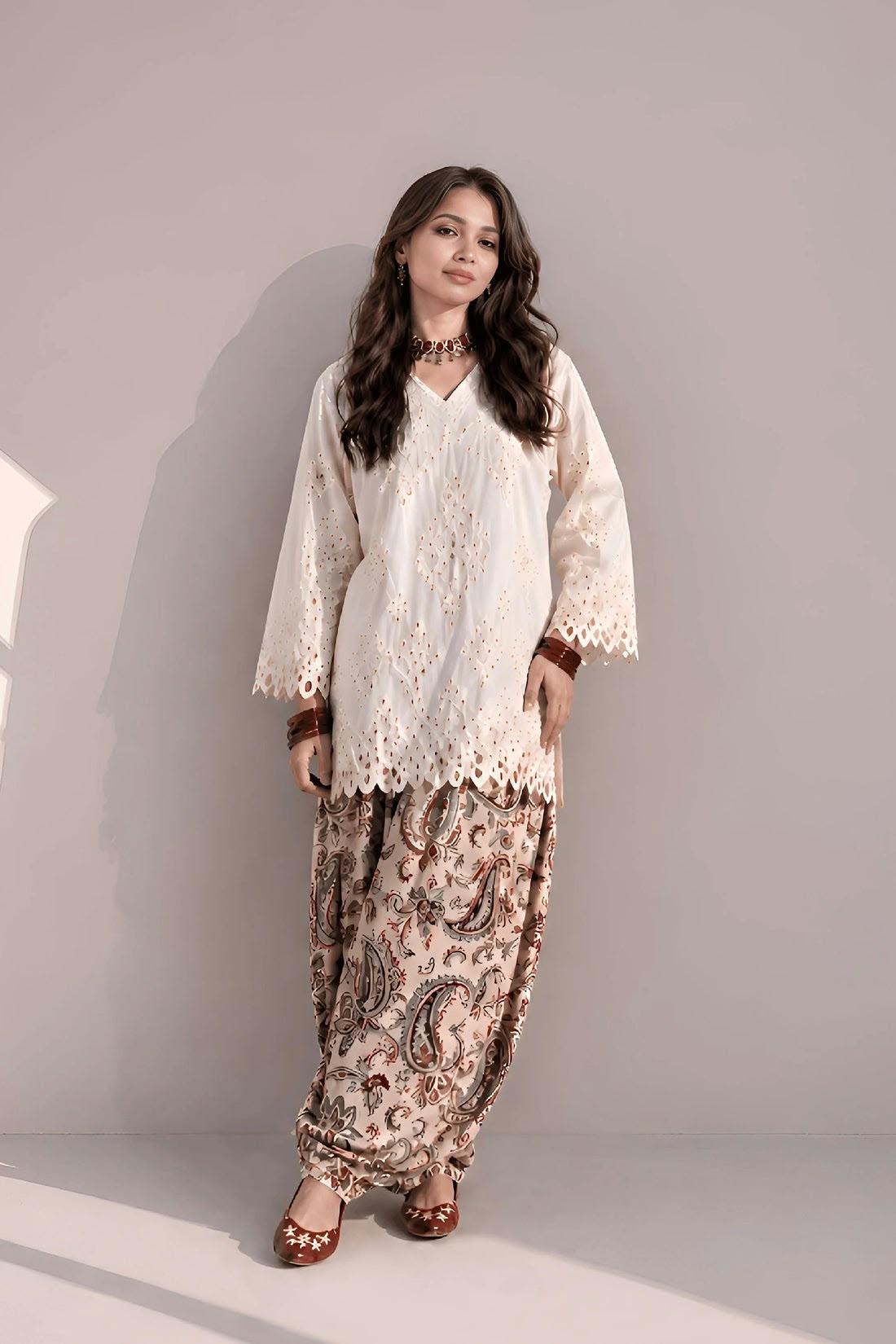 Scalloped Cutwork Ivory Shirt & Printed Farshi Shalwar Set