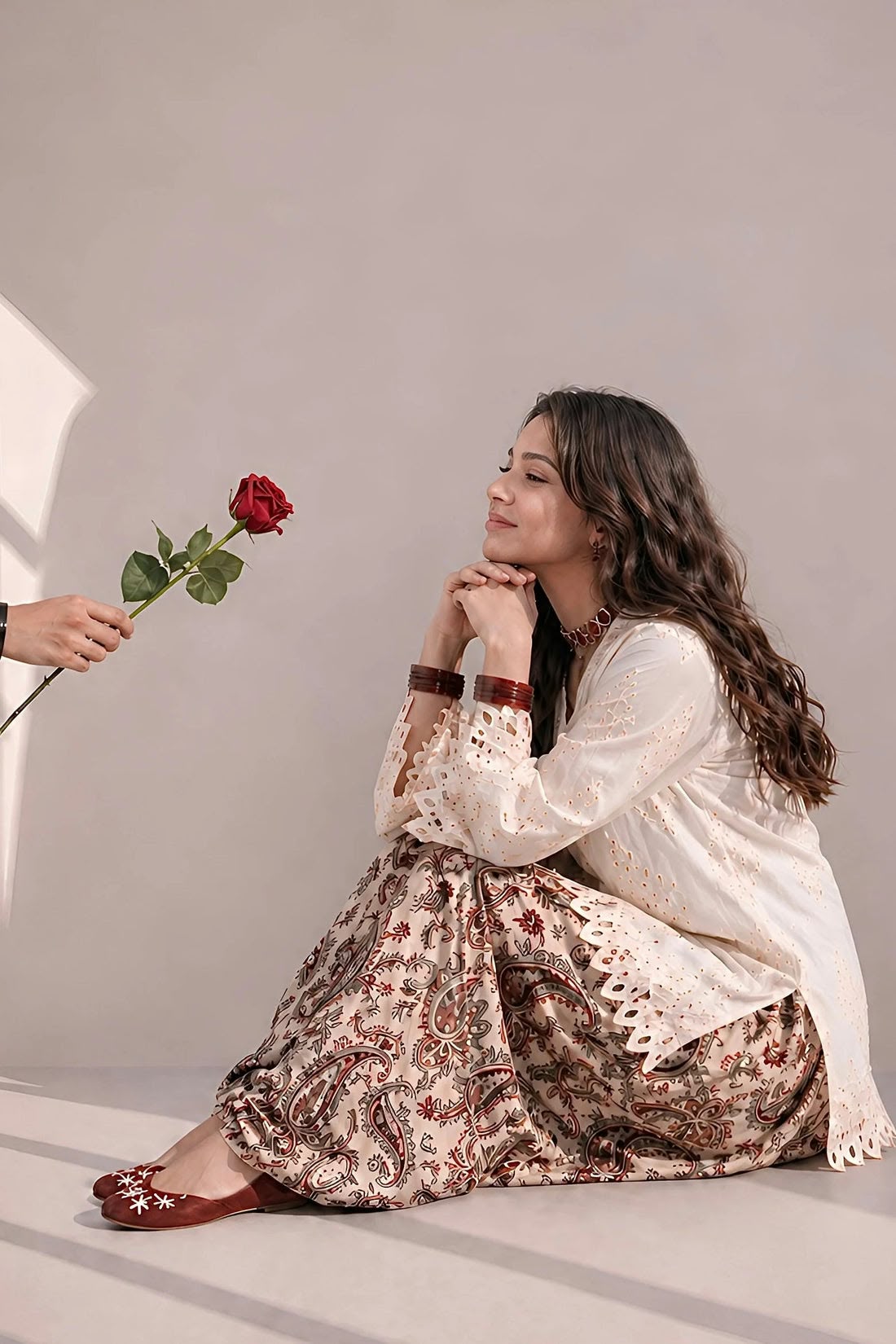 Scalloped Cutwork Ivory Shirt & Printed Farshi Shalwar Set