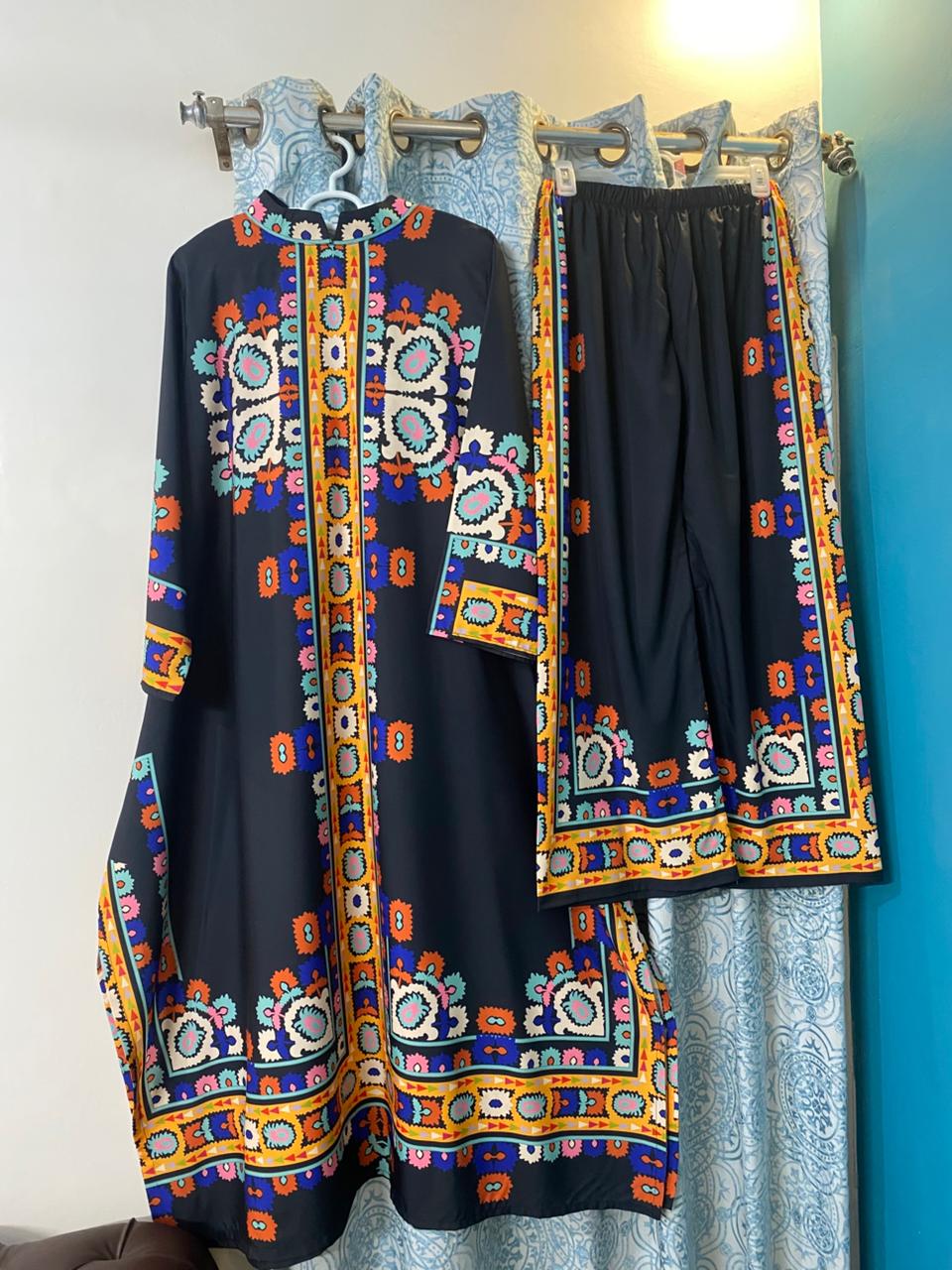 Vibrant Motif Print Tunic and Trouser Set | Digital Print A-Line Suit - Black & Mustard