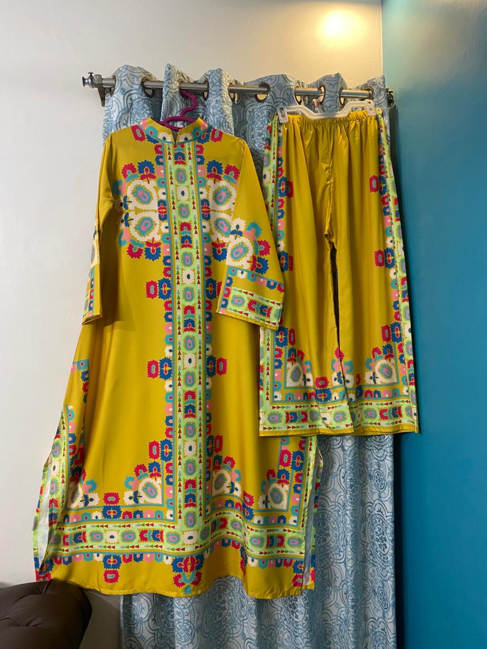 Vibrant Motif Print Tunic and Trouser Set | Digital Print A-Line Suit - Black & Mustard