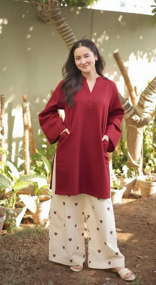 Serene Heart Co-ord Set – Effortless Kurta & Printed Wide-Leg Trousers