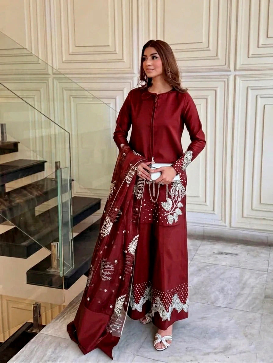 Most Trending Arrival – Luxury 3PC Embroidered Raw Silk Suit