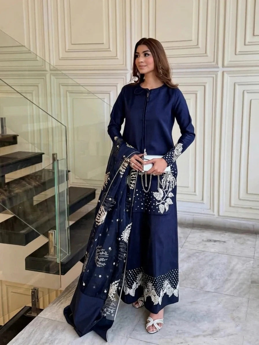 Most Trending Arrival – Luxury 3PC Embroidered Raw Silk Suit