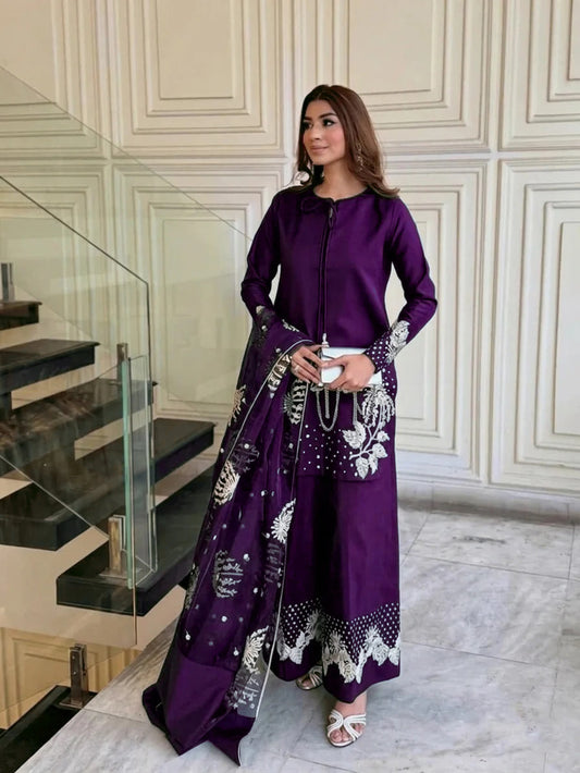 Most Trending Arrival – Luxury 3PC Embroidered Raw Silk Suit