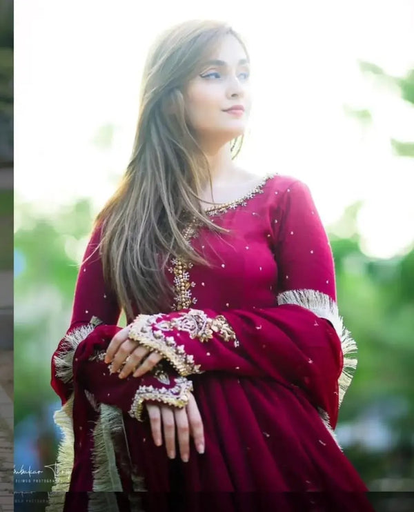 Kaya Embroidered Chiffon Maxi Set with Lace Dupatta