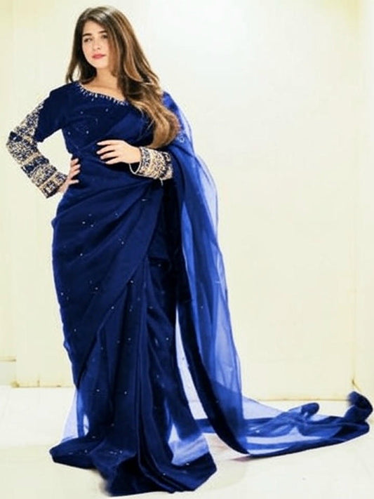 Multi Color Sleeves Embroidery Chiffon Saari