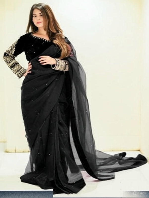 Multi Color Sleeves Embroidery Chiffon Saari