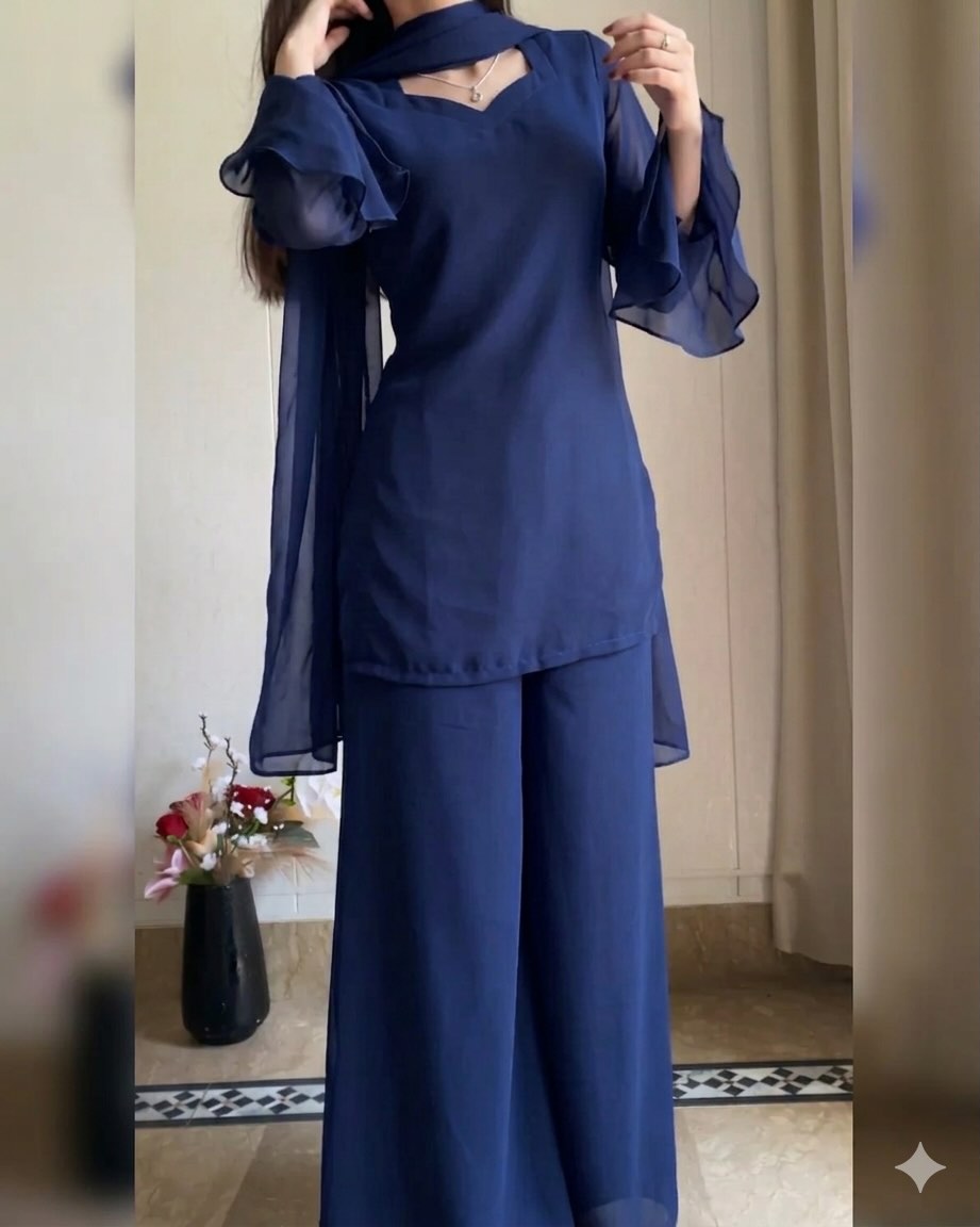 Elegant Chiffon Georgette 3-Piece with Ruffle Sleeves