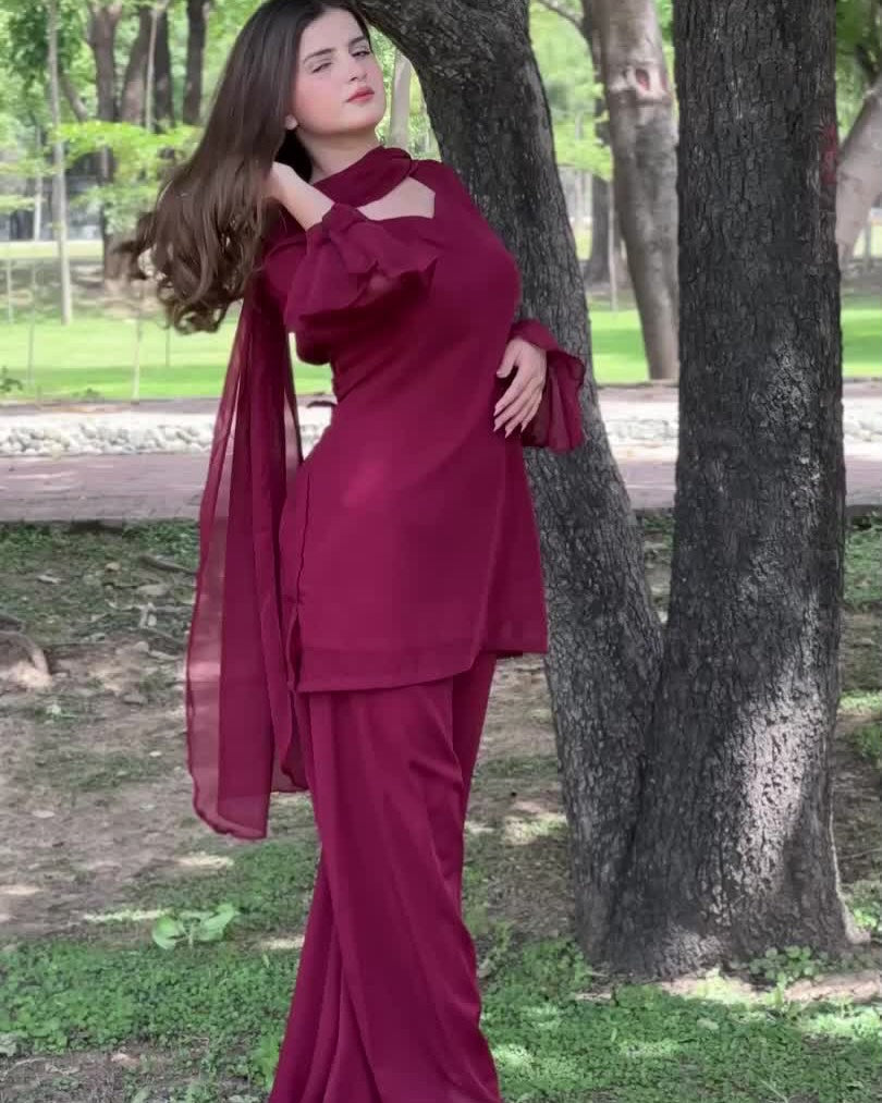 Elegant Chiffon Georgette 3-Piece with Ruffle Sleeves
