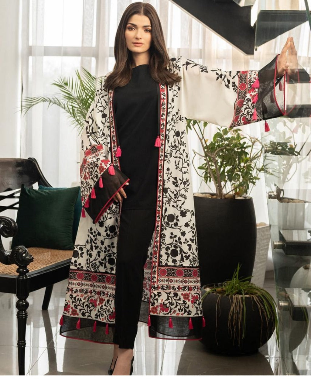 Monochrome Garden Kimono with Red Accents Three piece Suit