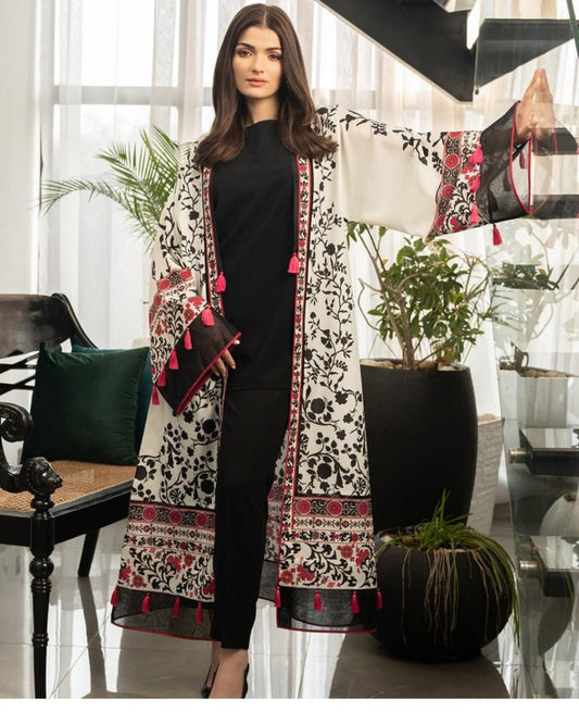 Monochrome Garden Kimono with Red Accents Three piece Suit