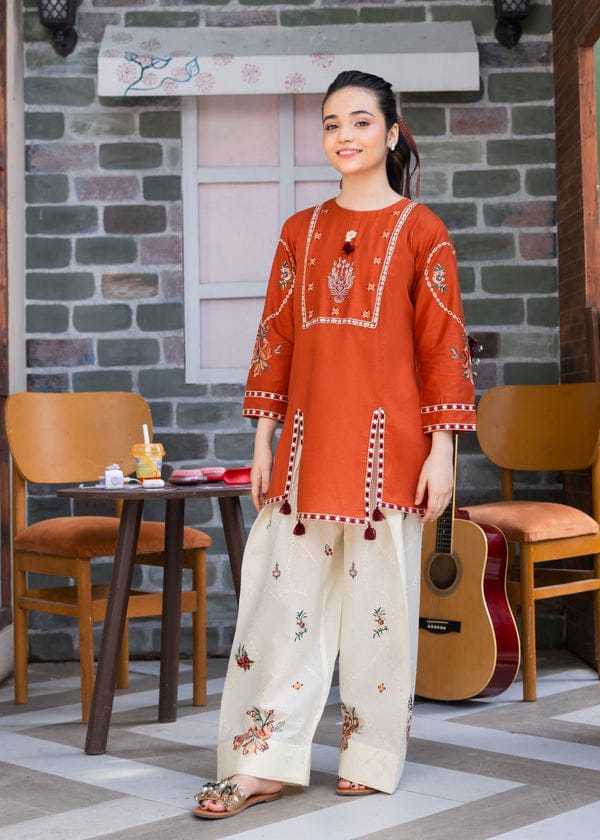 Amber Rust Embroidered Co-Ord Set with Floral Farshi Shalwar
