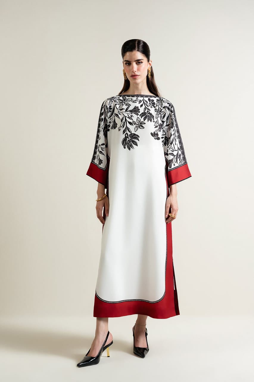 Three Piece Floral Elegance Long Dress Kaftan style - 3600/- Free Deli Canvas Pret Official Three Piece Floral Elegance Long Dress Kaftan style - 3600/- Free Deli Canvas Pret Official