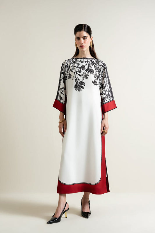Three Piece Floral Elegance Long Dress Kaftan style - 3600/- Free Delivery All over Pakistan