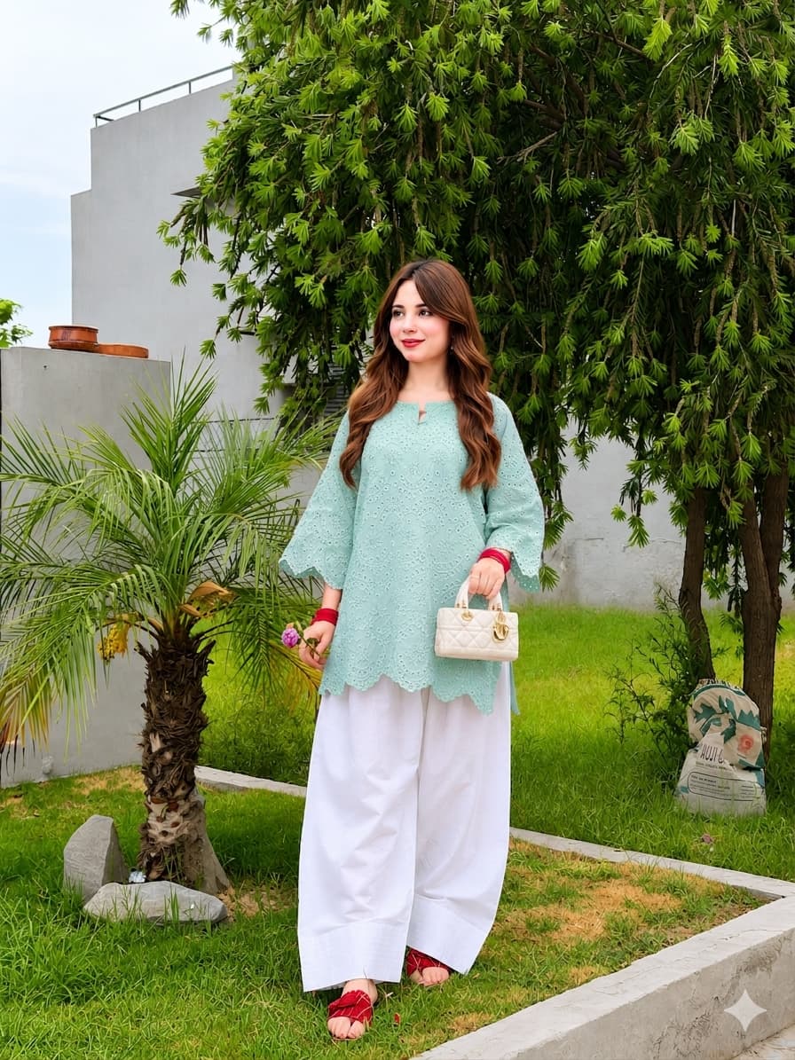 Luxury Chikankari Laser-Cut Eyelet Kurti Tunic with Farshi Shalwar - Summer Collection
