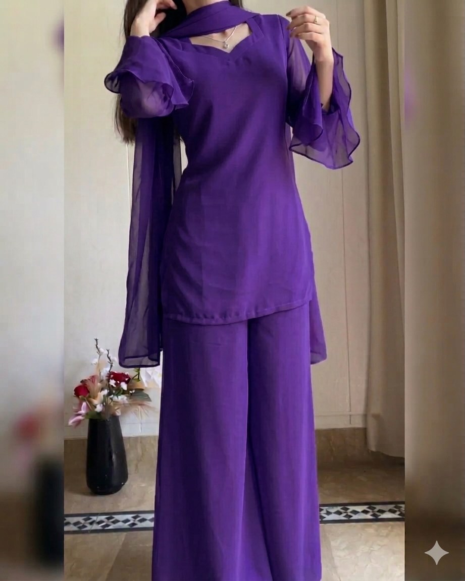 Elegant Chiffon Georgette 3-Piece with Ruffle Sleeves