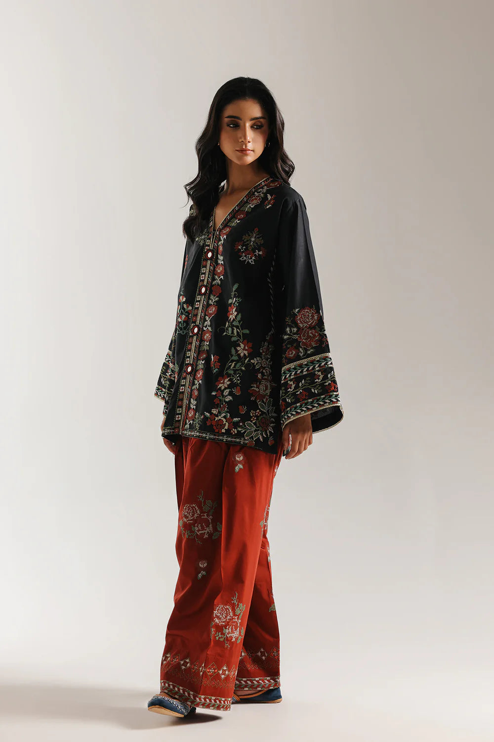Ebony & Ember: The Floral Farshi Shalwar Ensemble