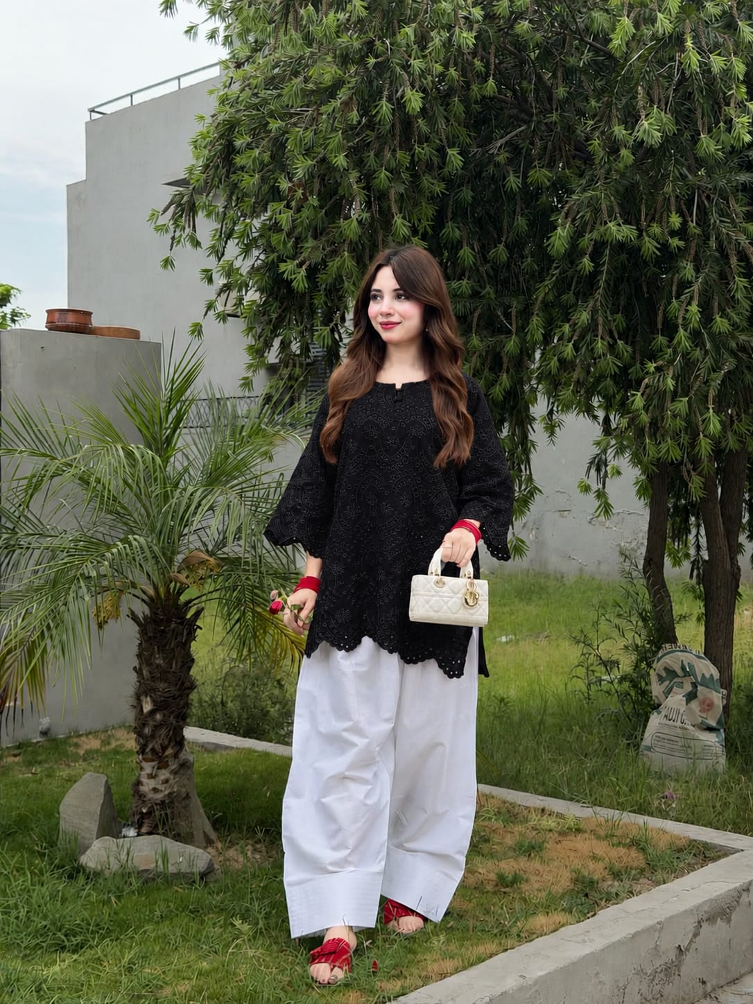 Luxury Chikankari Laser-Cut Eyelet Kurti Tunic with Farshi Shalwar - Summer Collection